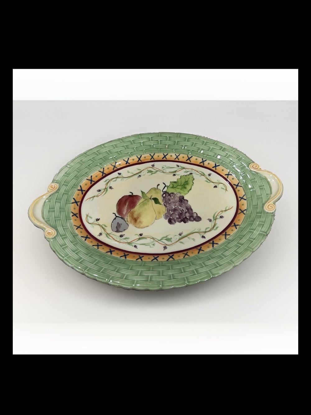 Pfaltzgraff Pistoulet Oval Ceramic Platter w/ Handles Fruit Green